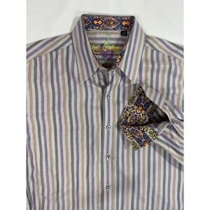 Robert Graham Shirt Mens Large Purple‎ Green Stripe Flip Cuffs Button Front